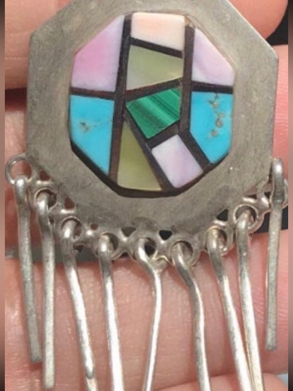 Vintage artisan made Multicolor Inlay as sterling silver Fringe Pendant Necklace